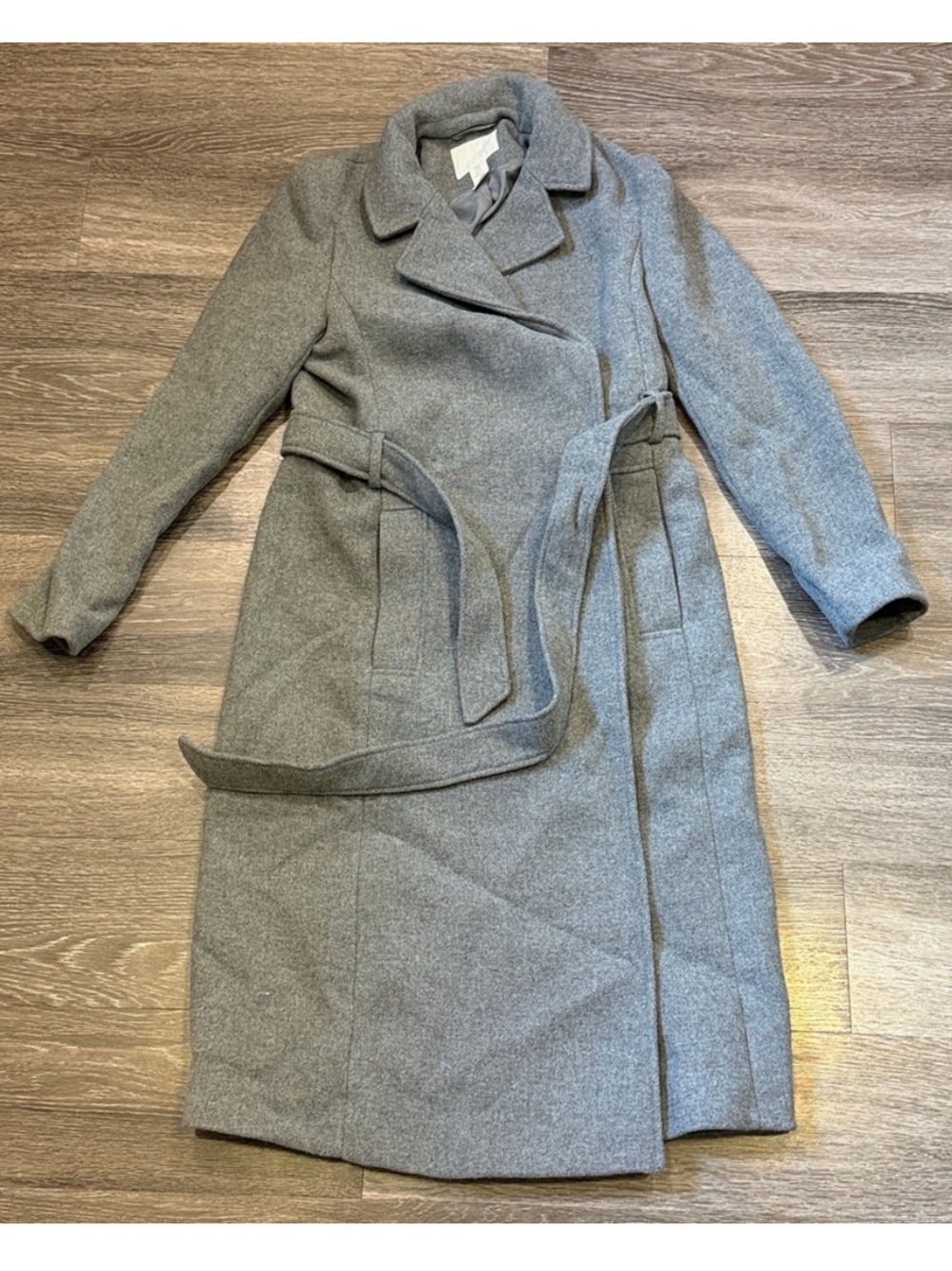 Gray Wool Wrap Belted Long Coat